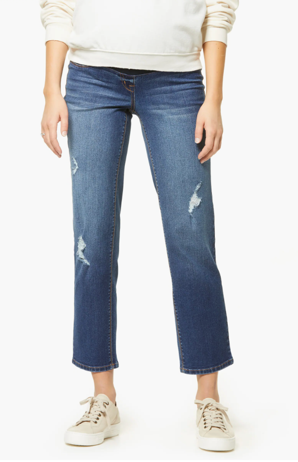 Petite friendly maternity blue jeans. Stretch belly. Sustainable.