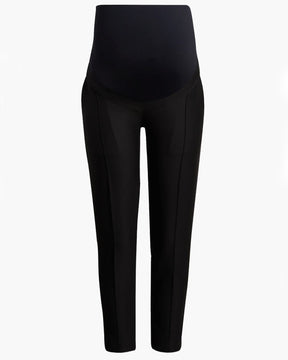 Black maternity work pants with stretch belly for bump comfort. Luxury maternity workwear trousers cut with stretch Italian suiting fabric. Featuring real pockets and slimming princess seams. Washable, sustainable, petite friendly business attire separates, perfect for pairing with a blazer as a pregnancy pantsuit. Courtroom friendly clothes for pregnant lawyers. 