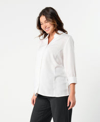 White maternity button down shirt for pregnancy and nursing. Maternity workwear top with no gap technology. Cut with luxury sustainable TENCEL for the office, the courtroom, or Saturday errands.