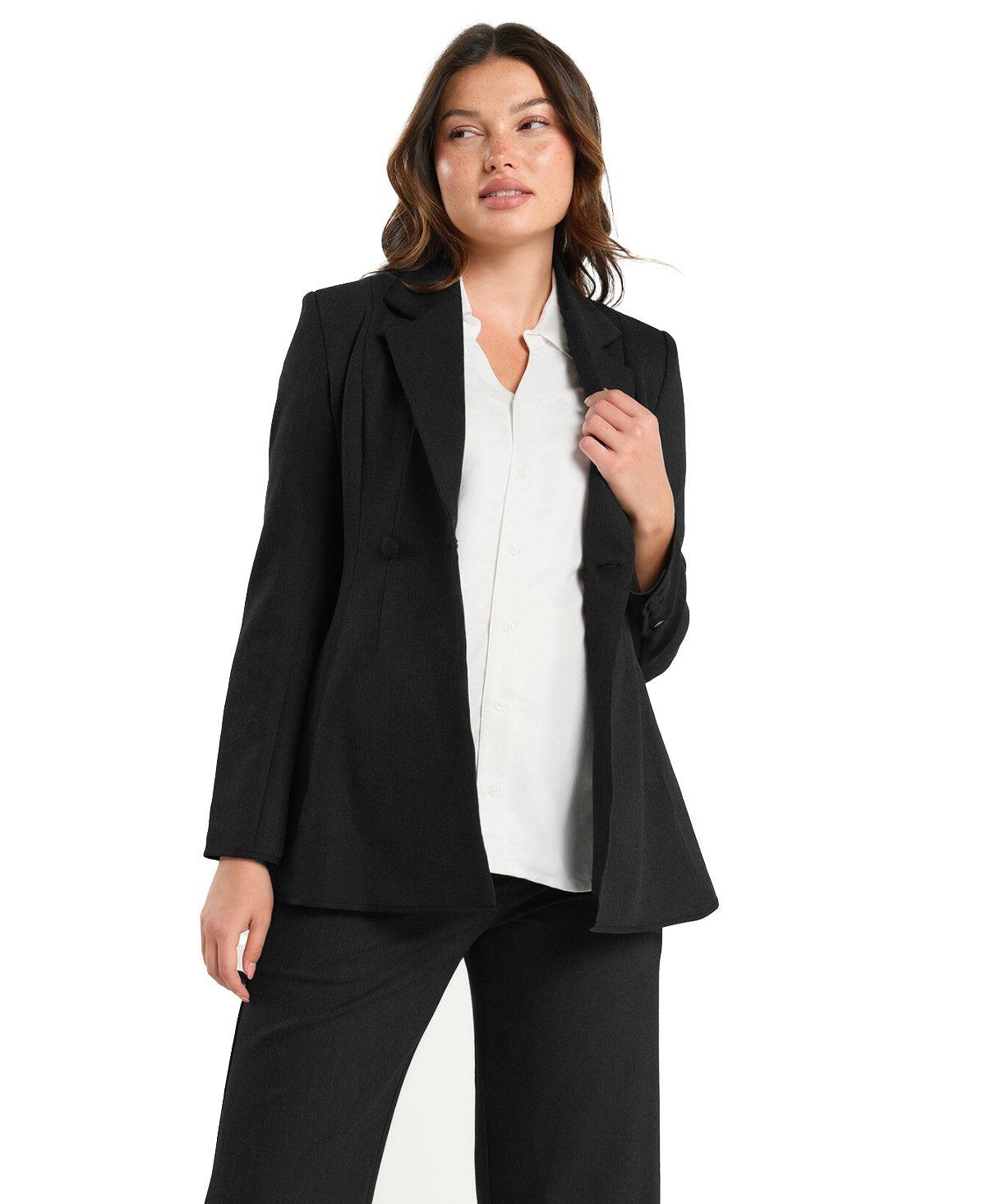 White maternity button down shirt for pregnancy and nursing. Maternity workwear top with no gap technology. Cut with luxury sustainable TENCEL for the office, the courtroom, or Saturday errands.