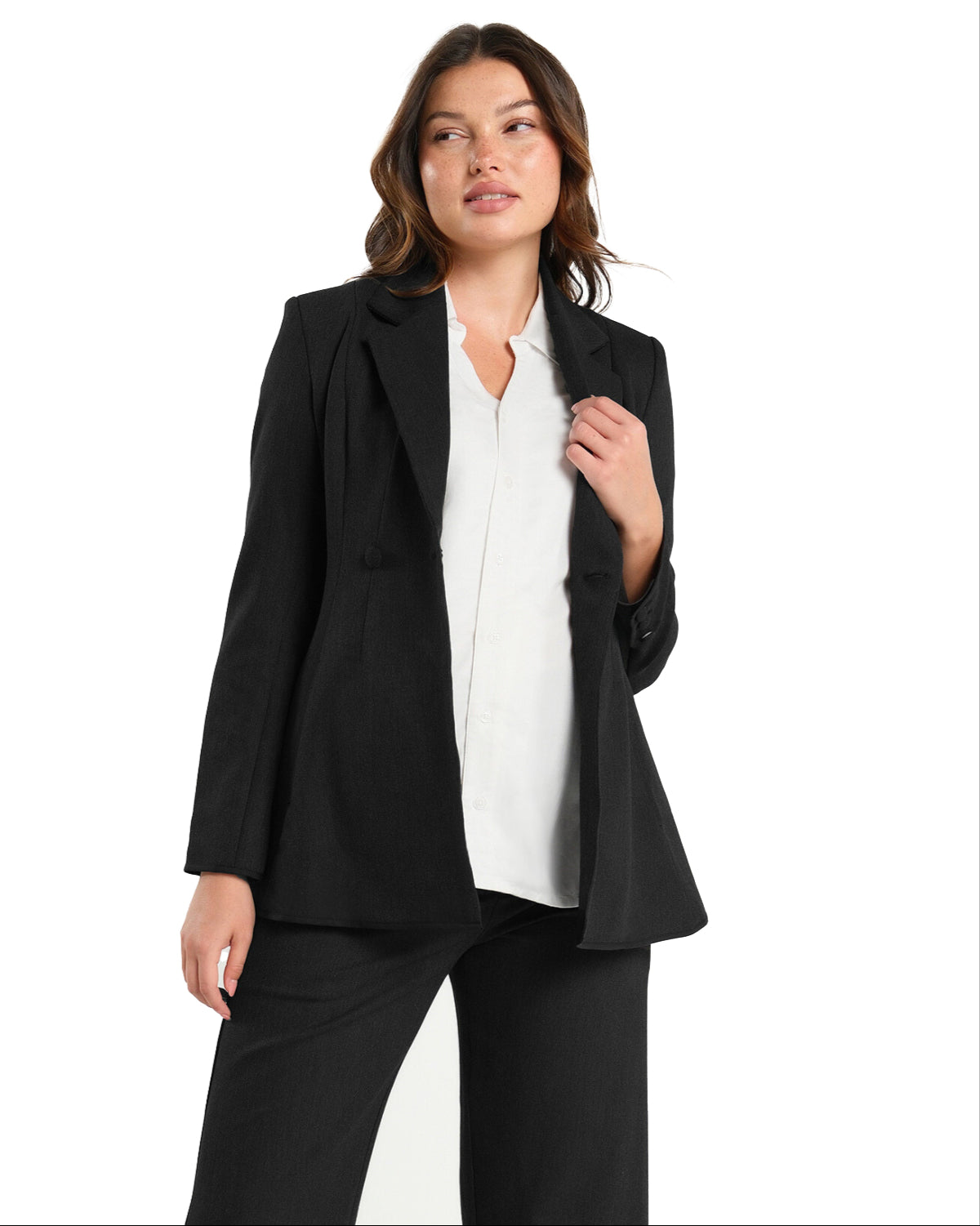 White maternity button down shirt for pregnancy and nursing by MARION. Maternity workwear top with no gap technology that prevents your bra from showing. Cut with luxury sustainable TENCEL, this classic blouse is ideal for a business meeting at the office, the courtroom, or Saturday errands and brunch. Available in petite and regular sizes, and made for pregnancy, nursing, postpartum, and mama life. 