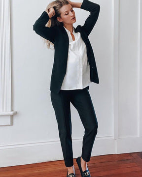 Formal black maternity work pants, tailored slimming design cut with luxury Italian stretch suiting fabric. Petite friendly, sustainable, and washable pregnancy dress slacks.