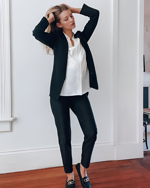 White maternity button down shirt for pregnancy and nursing. Maternity workwear top with no gap technology. Cut with luxury sustainable TENCEL for the office, the courtroom, or Saturday errands. Petite and standard sizes.