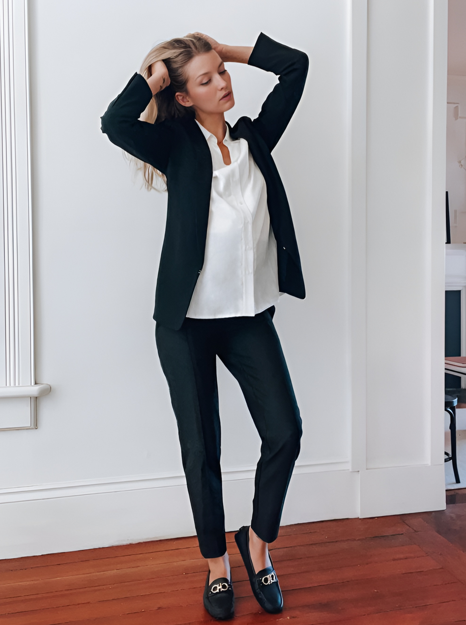 White maternity button down shirt for pregnancy and nursing. Maternity workwear top with no gap technology. Cut with luxury sustainable TENCEL for the office, the courtroom, or Saturday errands. Petite and standard sizes.
