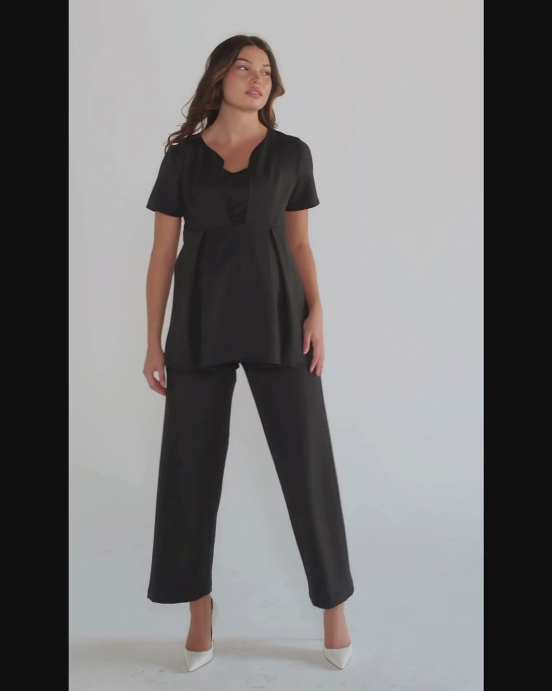 Black luxury maternity suit top separates, part of corporate business maternity skirt suit or pant suit. Nursing access for breastfeeding and pumping ease. Cut with sustainable luxury Italian stretching suiting fabric, washable, travel friendly. For pregnant lawyers, executives, and boss ladies. 