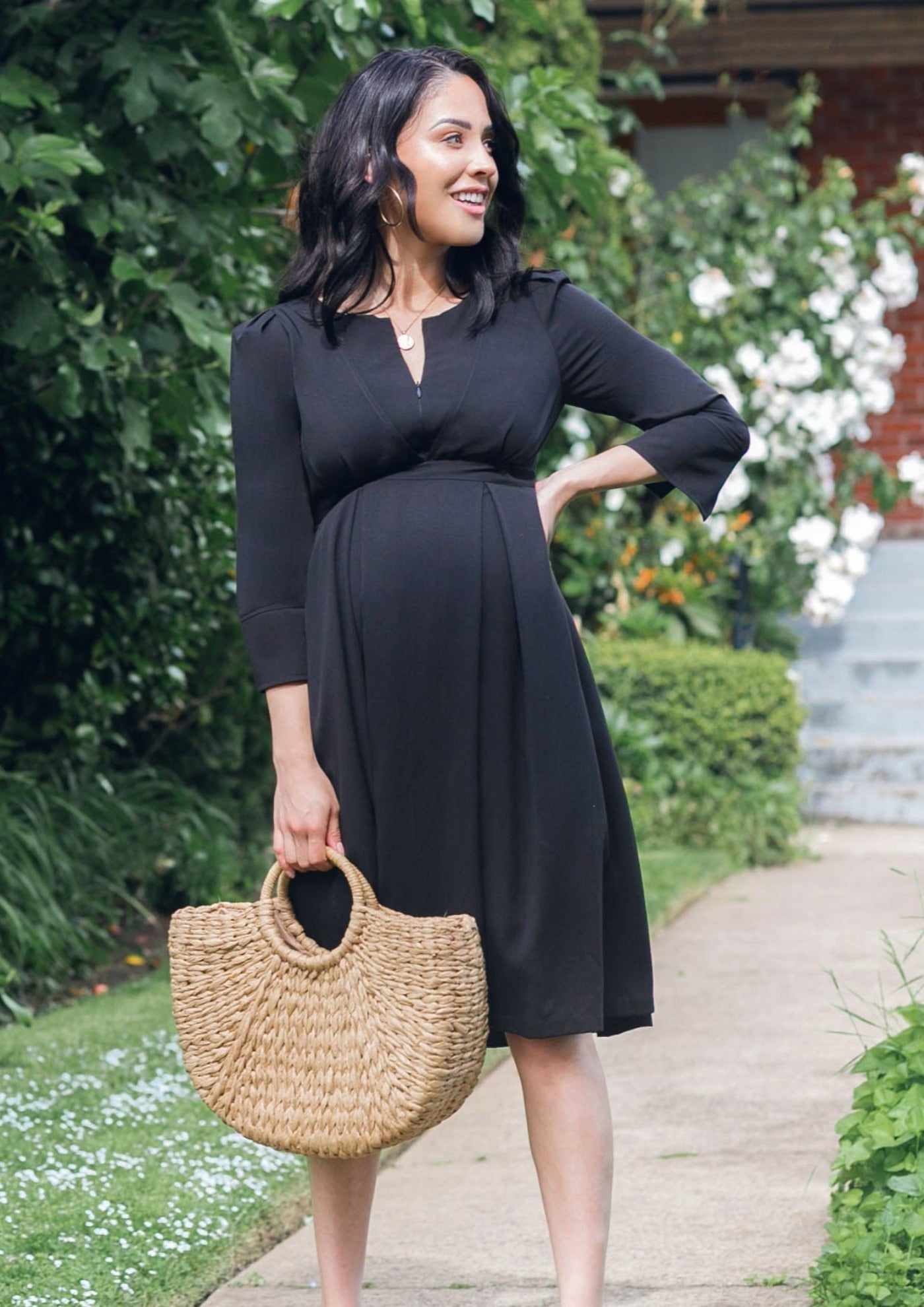 Black maternity dress, nursing dresses, luxury TENCEL, pockets, sustainable, in standard and petite maternity sizing.