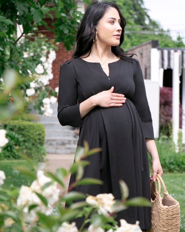 Black maternity dress, nursing dresses, luxury TENCEL, pockets, sustainable, in standard and petite maternity sizing.