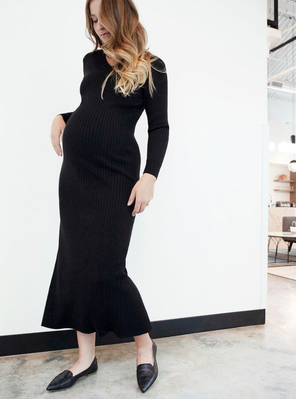 Long Sleeve Black Ribbed Maternity & Nursing Midi Dress