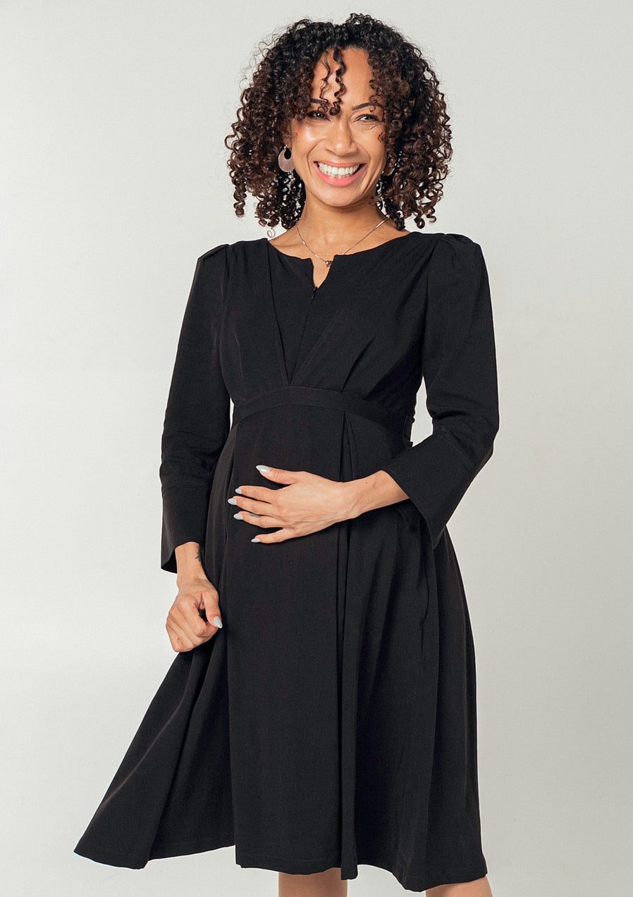 Black maternity dress, nursing dresses, luxury TENCEL, pockets, sustainable, in standard and petite maternity sizing.