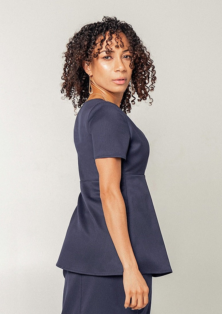 Maternity Suit Top paired with maternity pencil skirt. Professional maternity & nursing work outfit with invisible breastfeeding zippers. Sustainable, petite and standard sizes, navy blue.