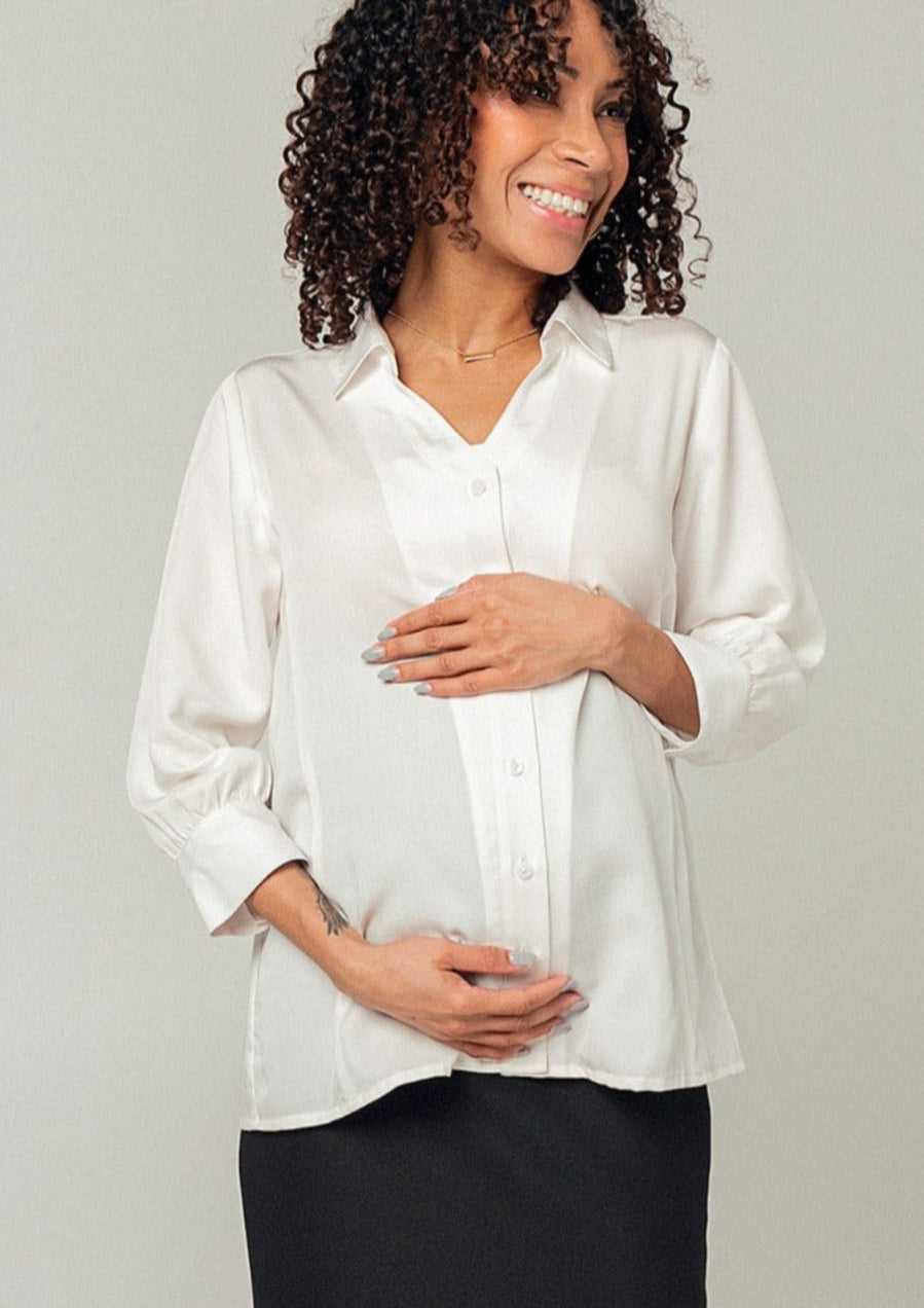 White Maternity Blouse. Breastfeeding Top. Petite maternity clothes. Sustainable TENCEL. Best Maternity Work clothes.