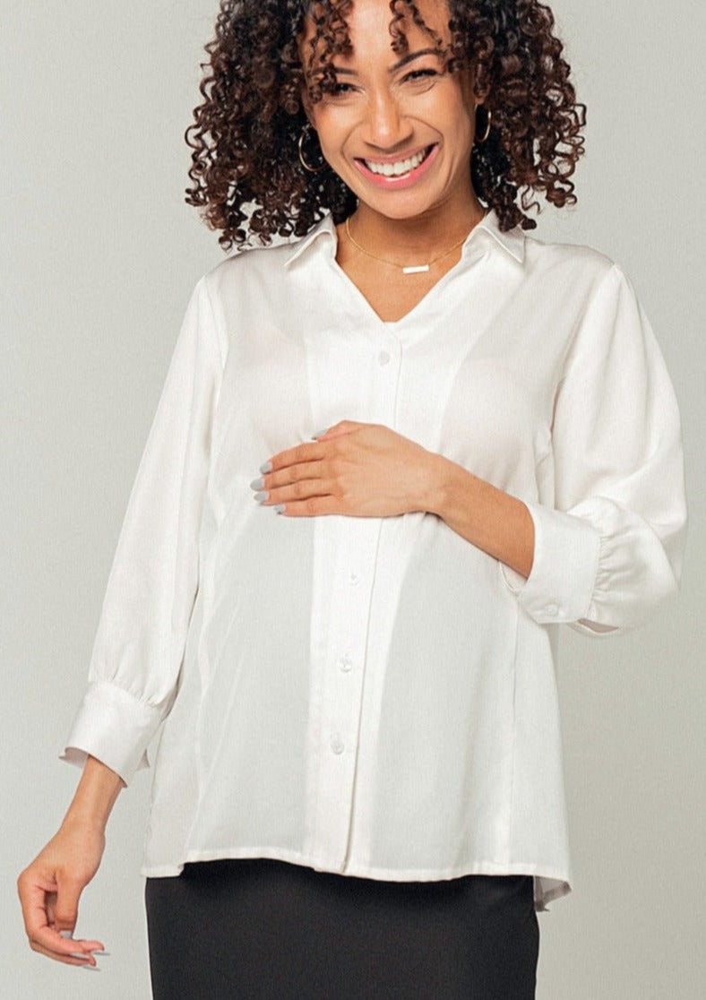White Maternity Workwear Button Down Blouse. Breastfeeding Top. MARION offers the best sustainable maternity office wear collection on the market. Petite and standard sizes available.
