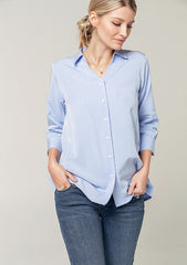 Maternity button down blouse by MARION. Nursing top in pale blue. Maternity office wear, Sustainable, in petite and standard sizes.