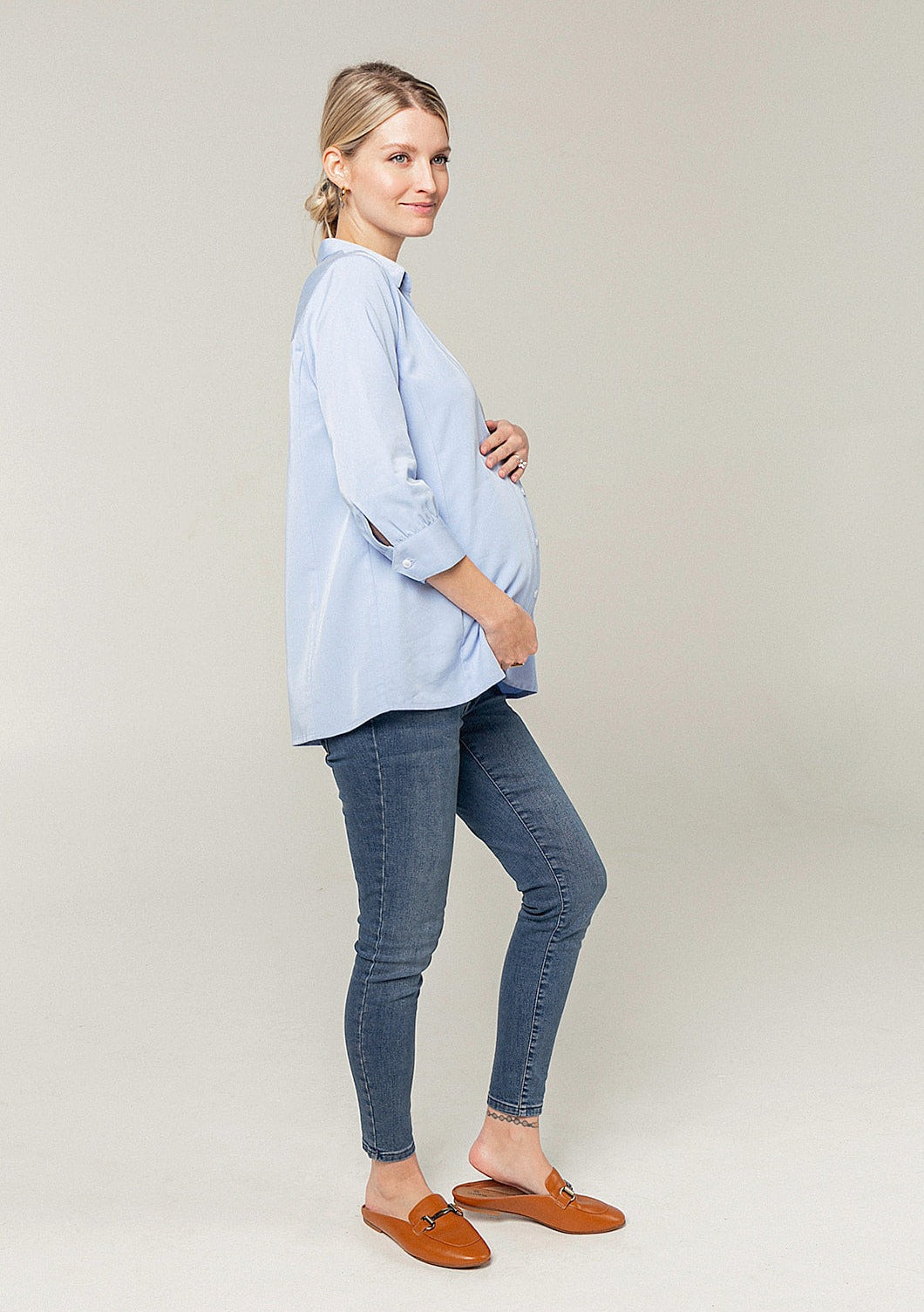 TENCEL Maternity Button Down Dress Shirt, 3/4 sleeves, no-peek buttons. Petite and standard sizes, comes in white or pale blue.