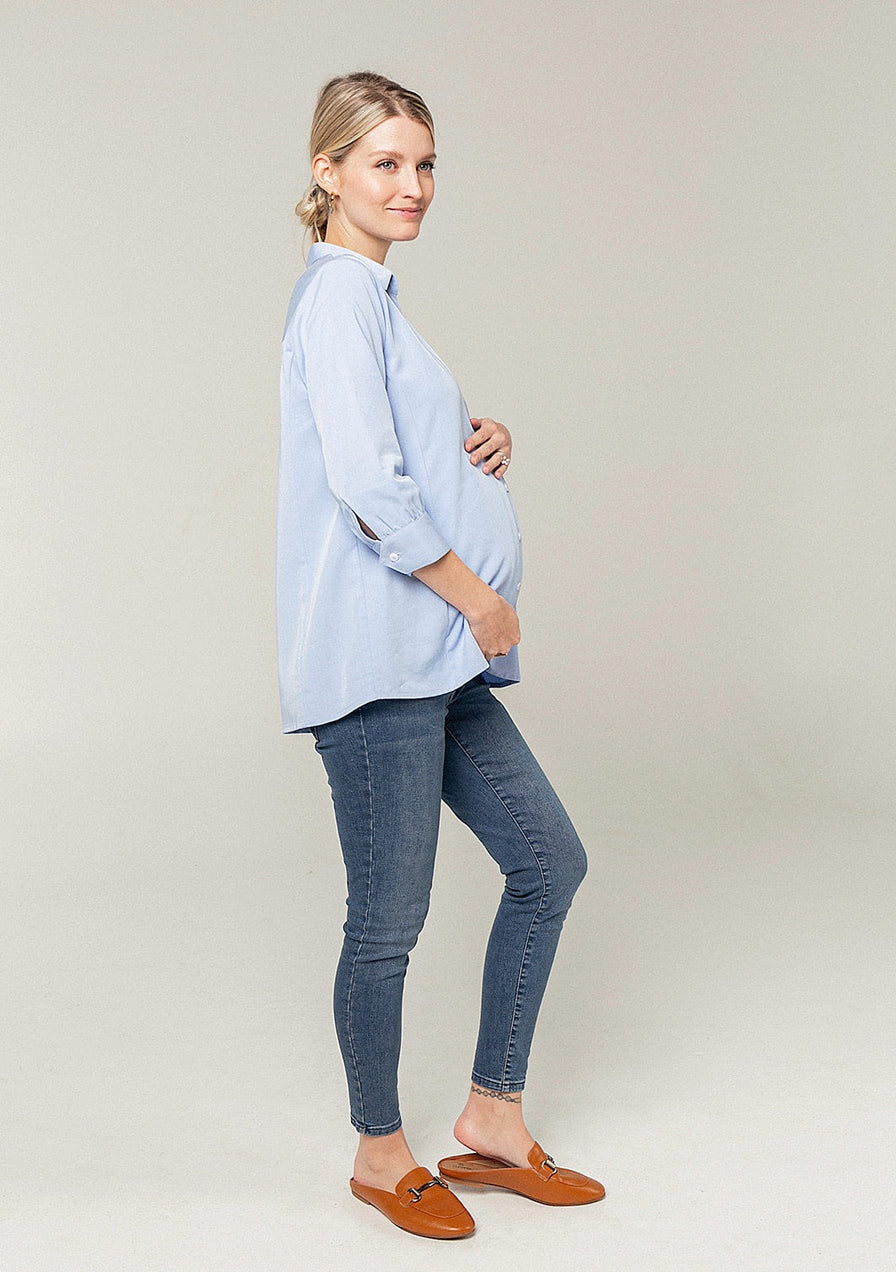 Maternity button down shirt. Maternity workwear breastfeeding top. Pale blue sustainable TENCEL blouse.