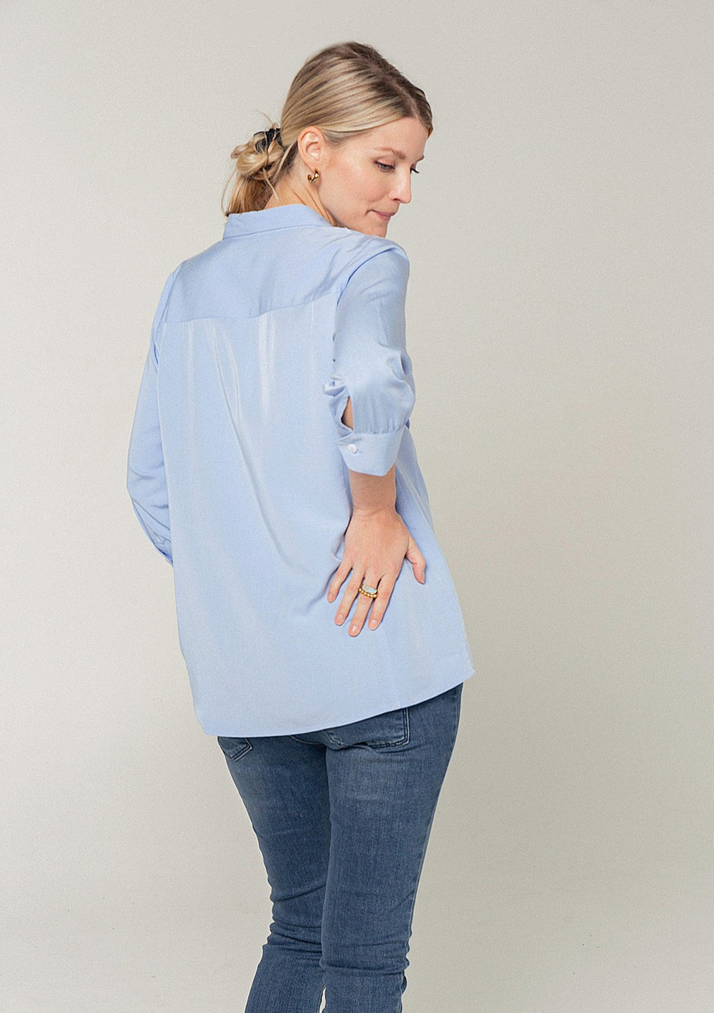 Maternity button down shirt. Maternity breastfeeding top. Pale blue sustainable TENCEL blouse.