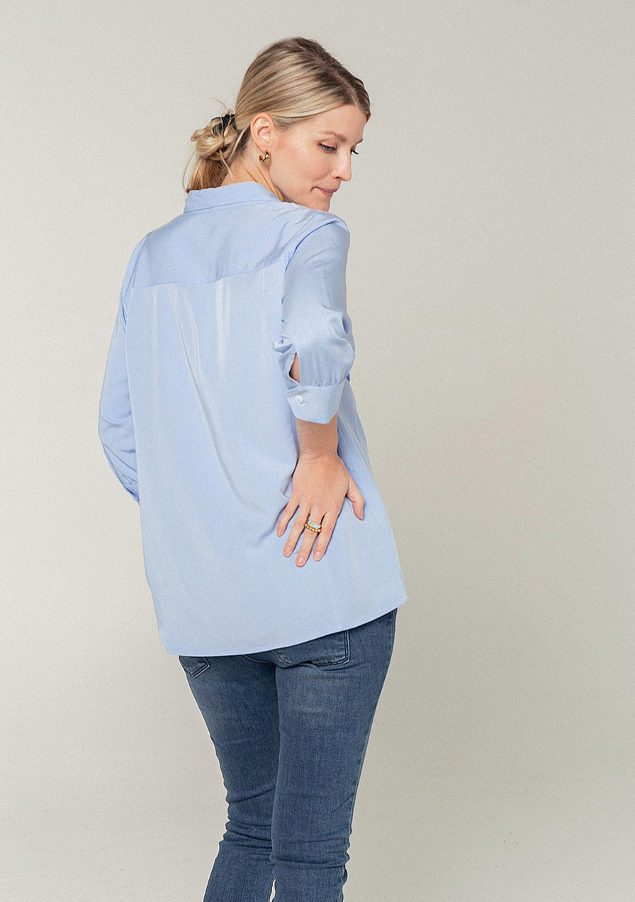 Petite maternity button down top. Breastfeeding top for nursing. Pale blue. 
