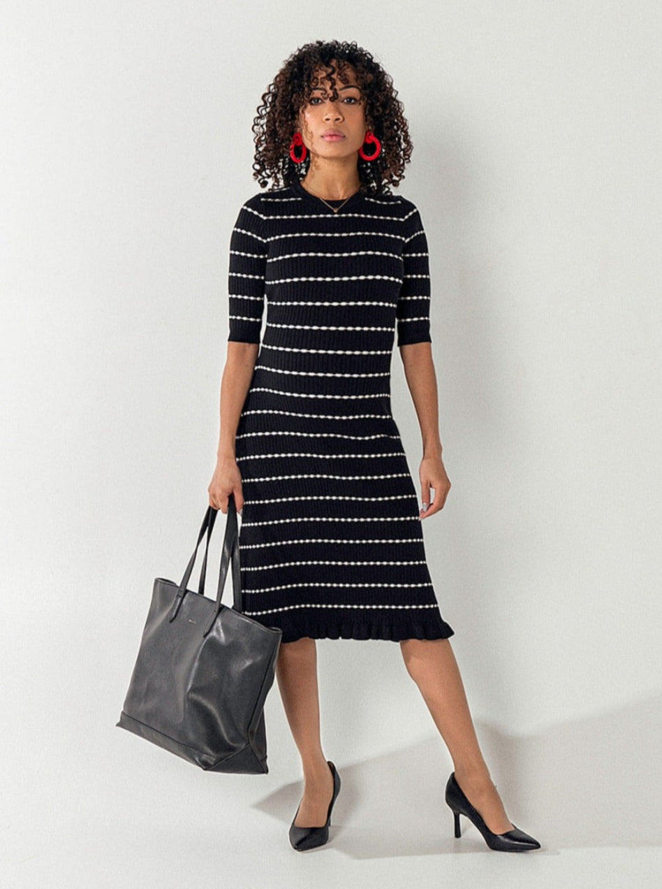 Striped knit maternity dress. This flattering pregnancy dress by MARION features 3/4 sleeves, luxury cotton knit fabric, classic round neck, and feminine hemline. Maternity workwear, maternity wedding guest dress, or baby shower dress. Petite friendly.