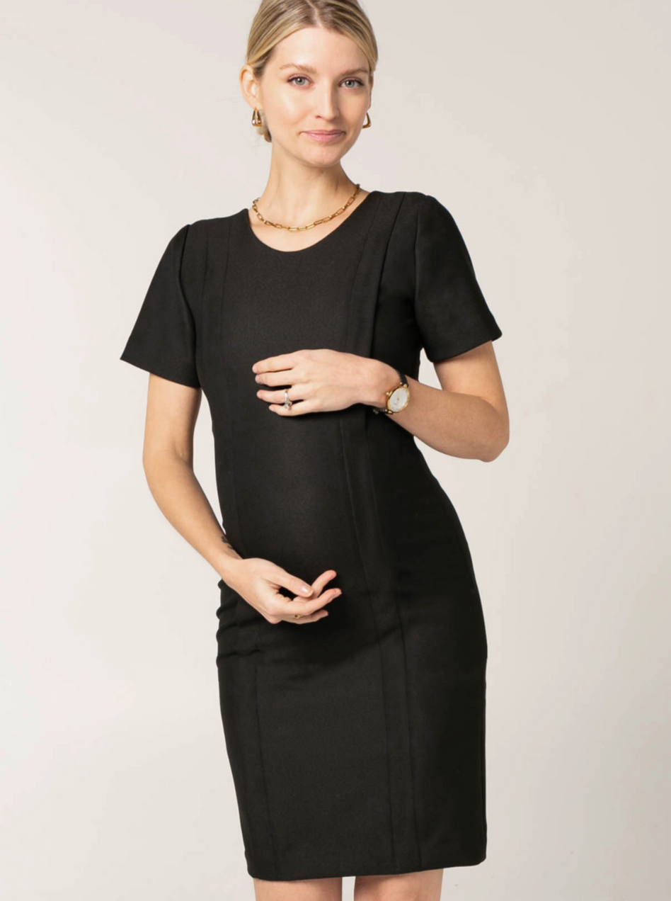 Black maternity dress by MARION. Nursing dress with hidden breastfeeding zipper. Luxe, sustainable suiting material, short sleeves, rounded neckline. Petite friendly, maternity work clothes.