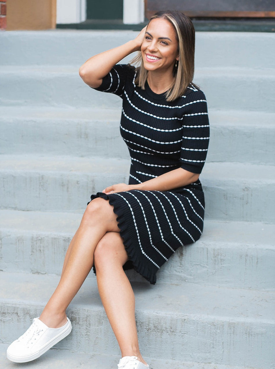 MARION black and white striped knit dress for maternity and mama. 3/4 sleeves, luxury cotton knit fabric, classic round neck, and feminine hemline make this dress perfect for work and play, pregnancy and postpartum.