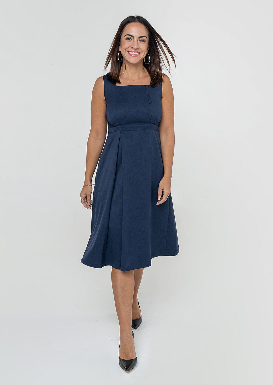 MARION Maternity blue dress, nursing dresses, fancy style with empire waist, pockets, and designer breastfeeding access. Made with luxury navy Italian fabric, washable, sustainable.