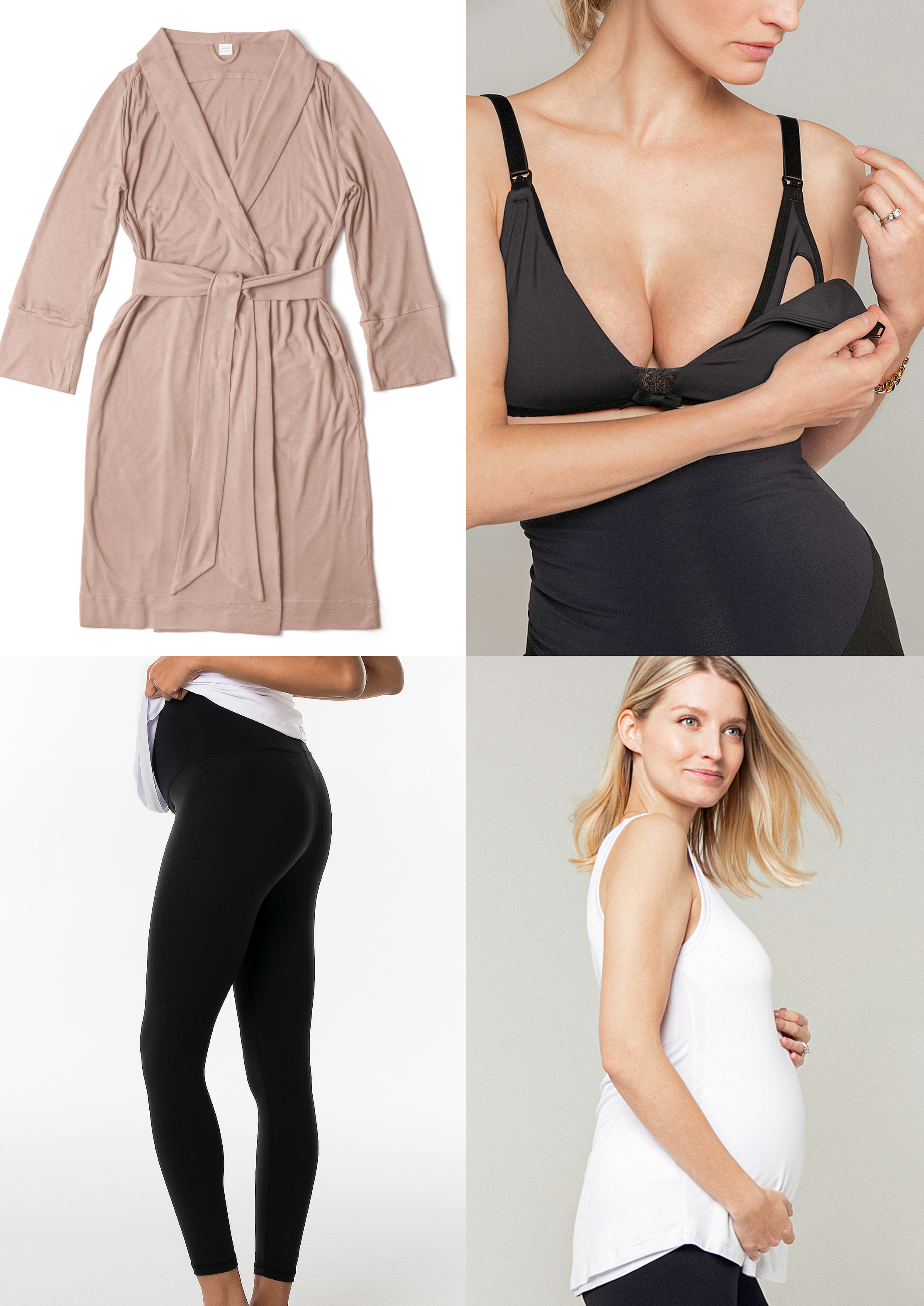 Gift bundle for pregnant, nursing, and new mamas. Includes maternity & breastfeeding organic robe, sustainable nursing bra, sustainable maternity leggings with pocket, and maternity and nursing bamboo tank. 