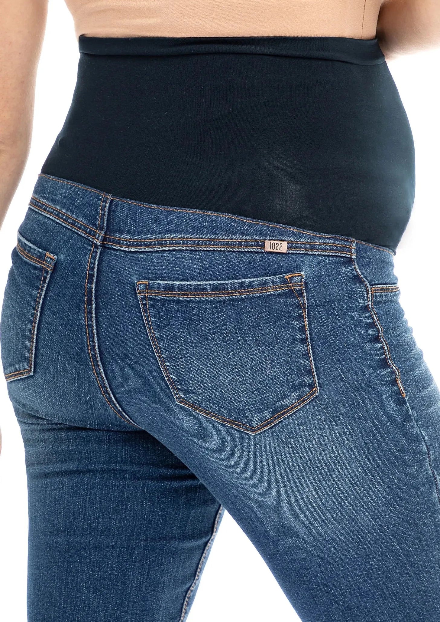 Petite maternity jeans. Petite maternity clothes by MARION, over belly bump support. Sustainable designer maternity fashion.