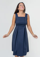 Blue petite maternity dress, nursing dresses, fancy style with empire waist, pockets, and designer breastfeeding access. Made with luxury navy Italian fabric, washable, sustainable.